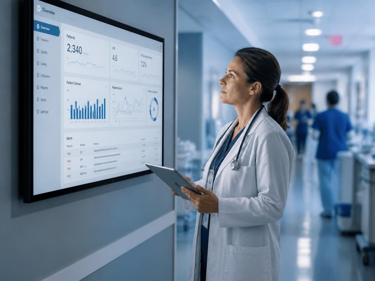 Clinician reviewing a hospital performance dashboard