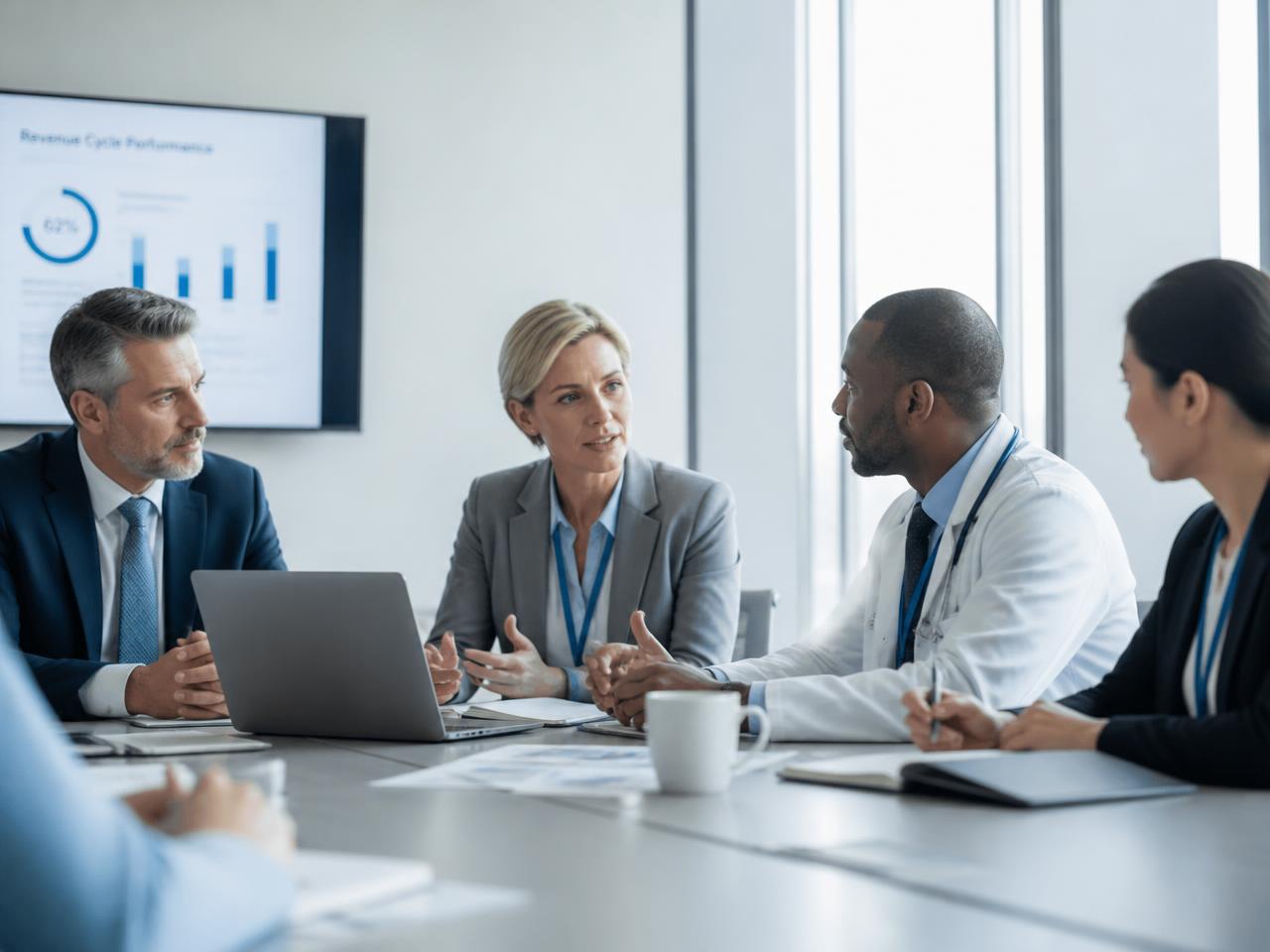 Healthcare leaders reviewing performance data together